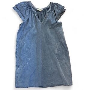 Liverpool Los Angeles blue denim pinstripe dress pockets ruffle sleeves v-neck